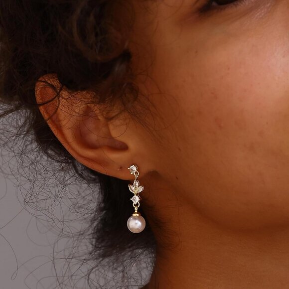 14k Gold Pearl Drop Dangle Earrings for Women, Bridal, Prom & Formal Jewelry - Picture 5 of 6